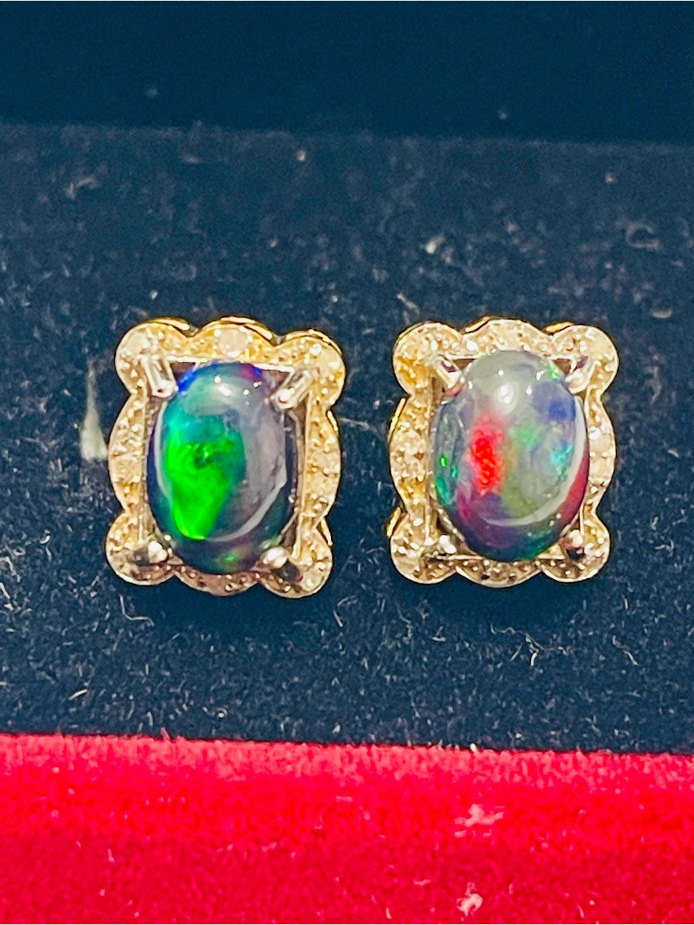 Appraised genuine Black Opal and Natural Diamond Halo Stud Earrings